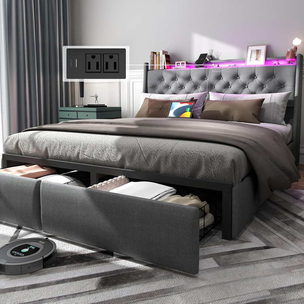 Queen Size Bed Frame with Charging Station and Headboard, Upholstered Button Tuf