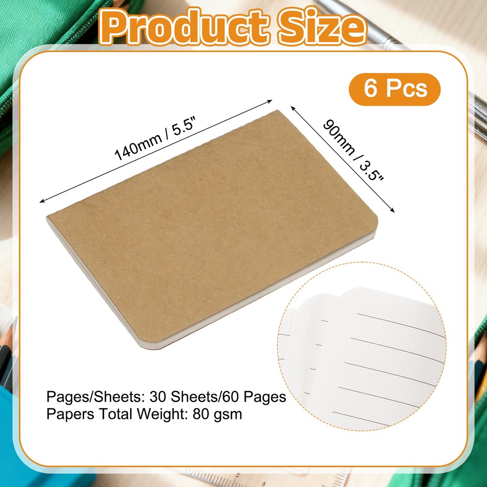 6 Pack A6 Notebook, A6 Journal Mini Notebook Pocket Kraft,Kraft Tone