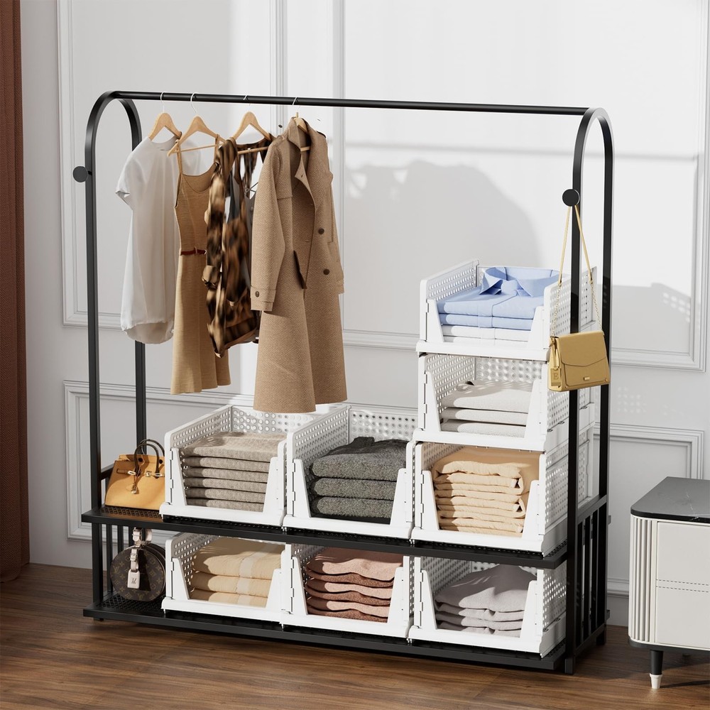 5 Packs Stackable Plastic Storage Basket for Closet Foldable Closet Organizer...