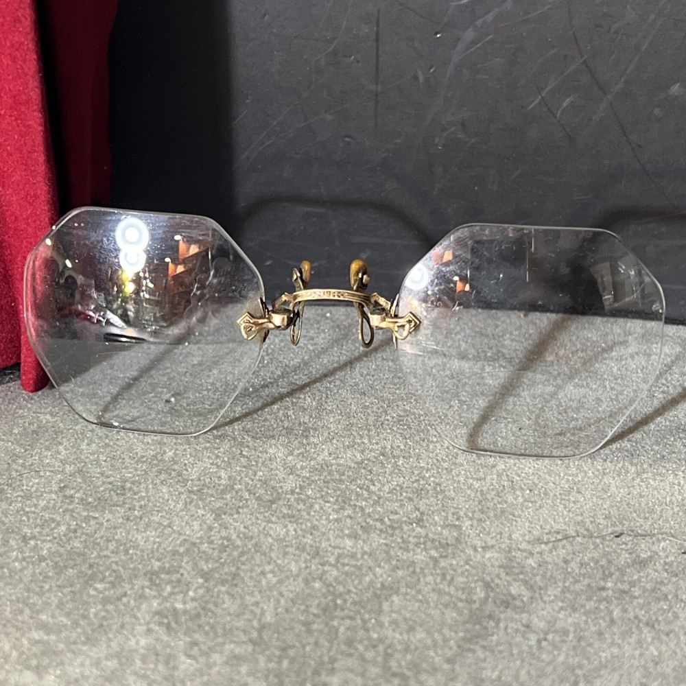 Antique rimless gold filled eyeglasses with case