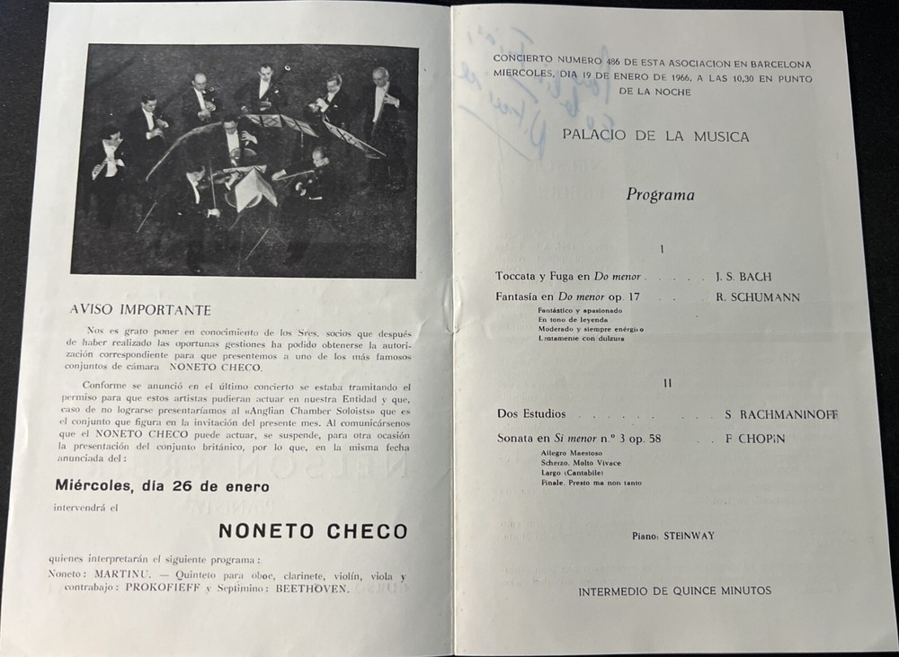 SIGNED Nelson Freire Barcelona Concert Program 1966 COA JSA VG+EX Condition