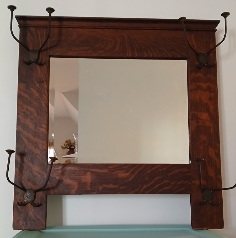 Antique Tiger Oak Hall Wall Beveled Mirror Hat Coat Hooks