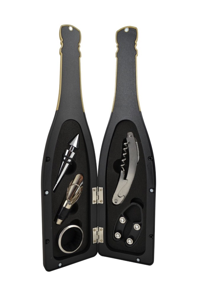 13" Black and gold Wine Bottle w Accessories