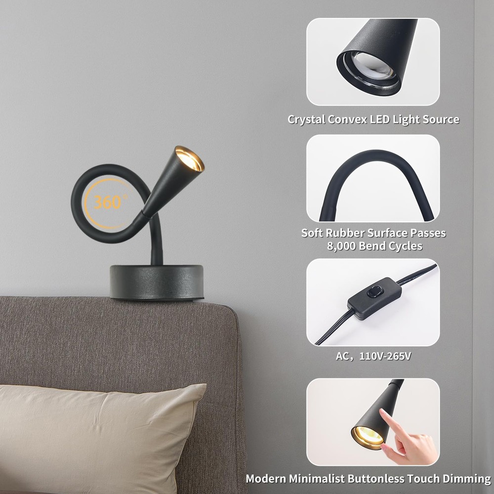 Black Headboard Reading Light, No Drilling Wall Mounted Reading Lights for Be...
