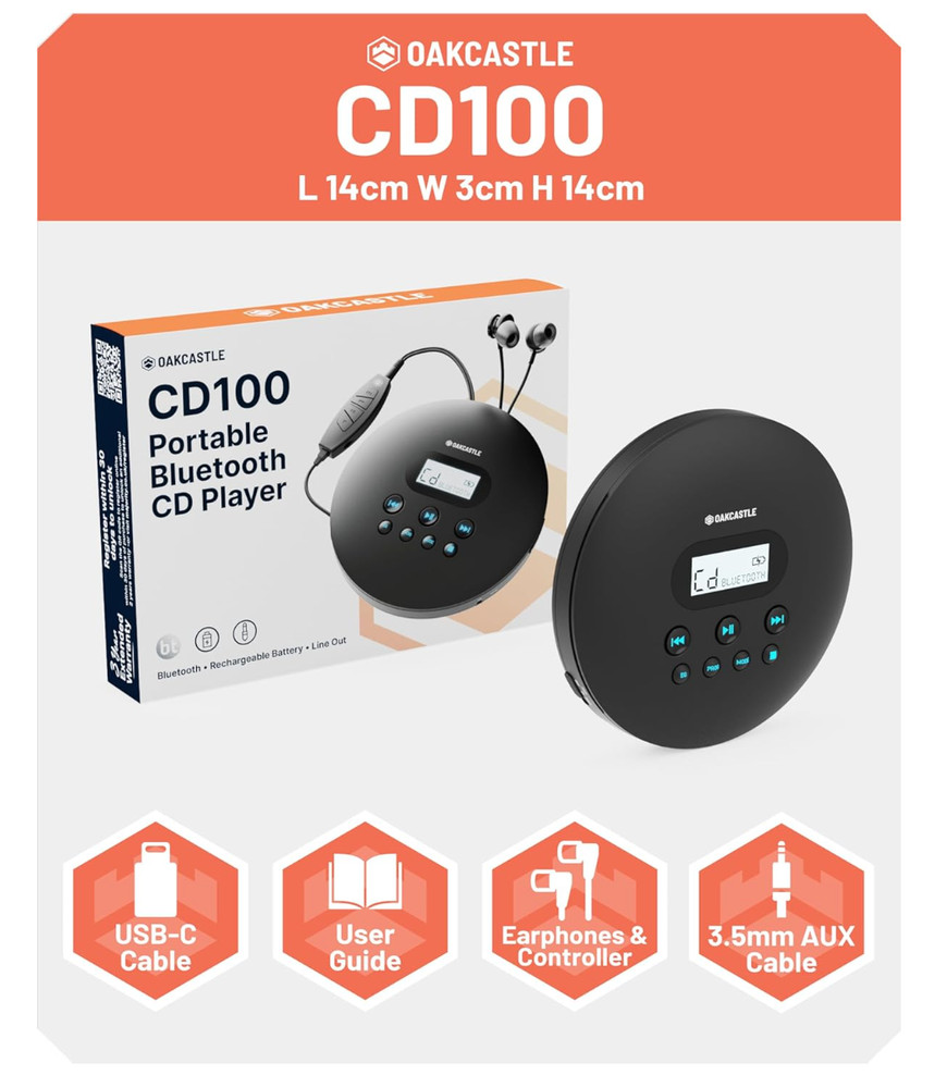 Oakcastle CD100 Rechargeable Portable Bluetooth CD Player 12hr Small Black