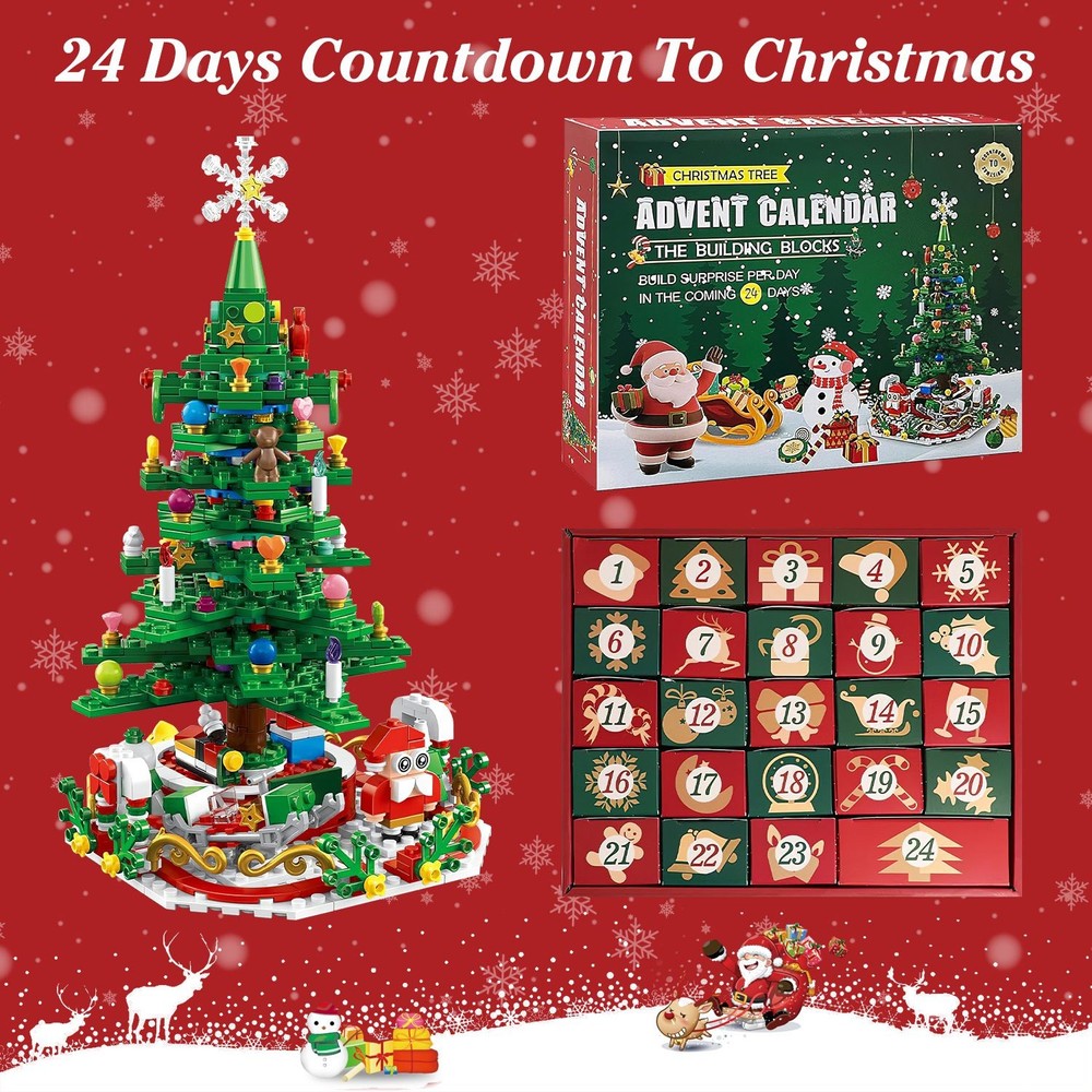 Christmas Tree Building Set W/ LED Light Festive Tabletop Countdown Calendar