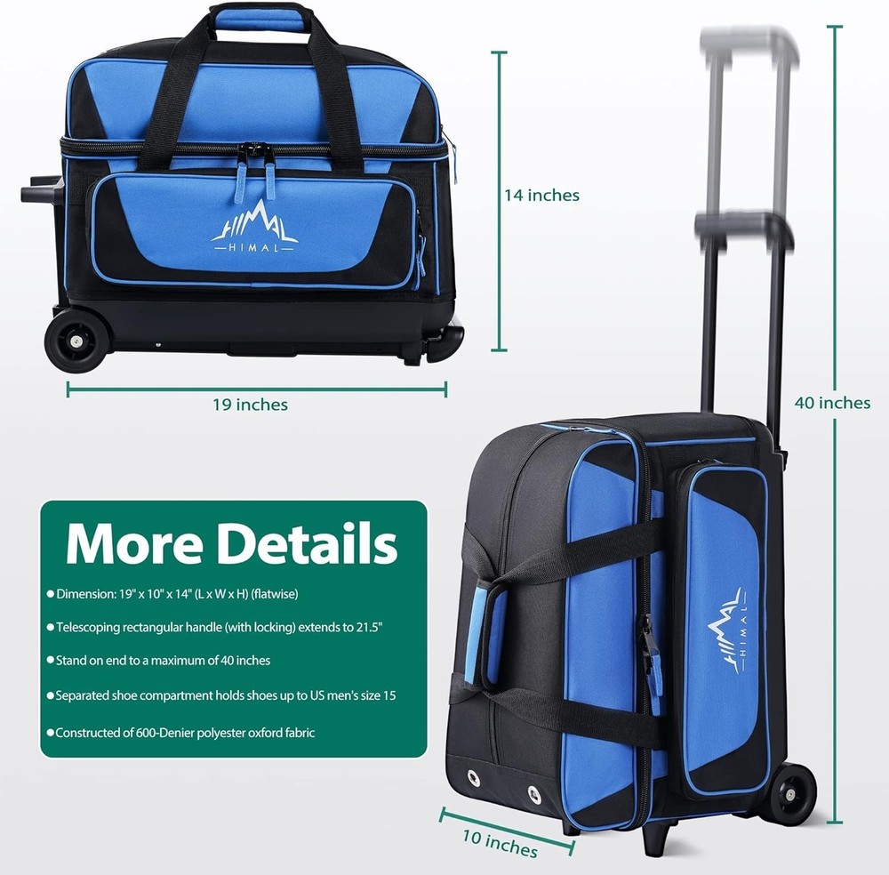 Double Roller 2 Ball Bowling Bag with Shoe Compartment, Retractable Handle, B...