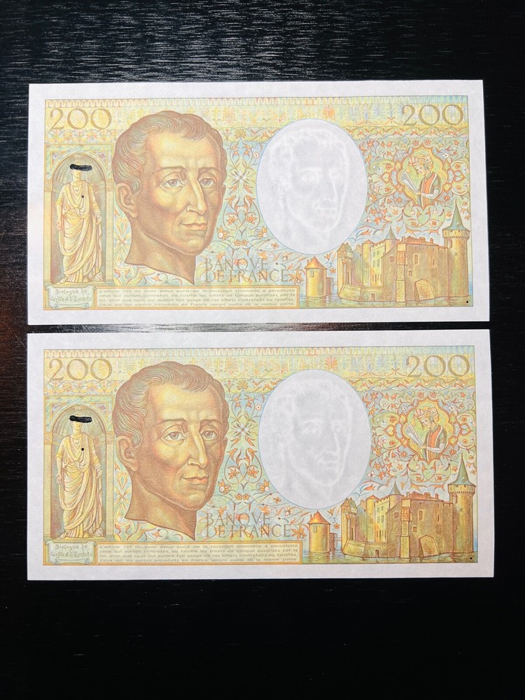 France banknote 200 Francs Montesquieu 1981 2 SEQUENTIAL NUMBERED NOTES UNC