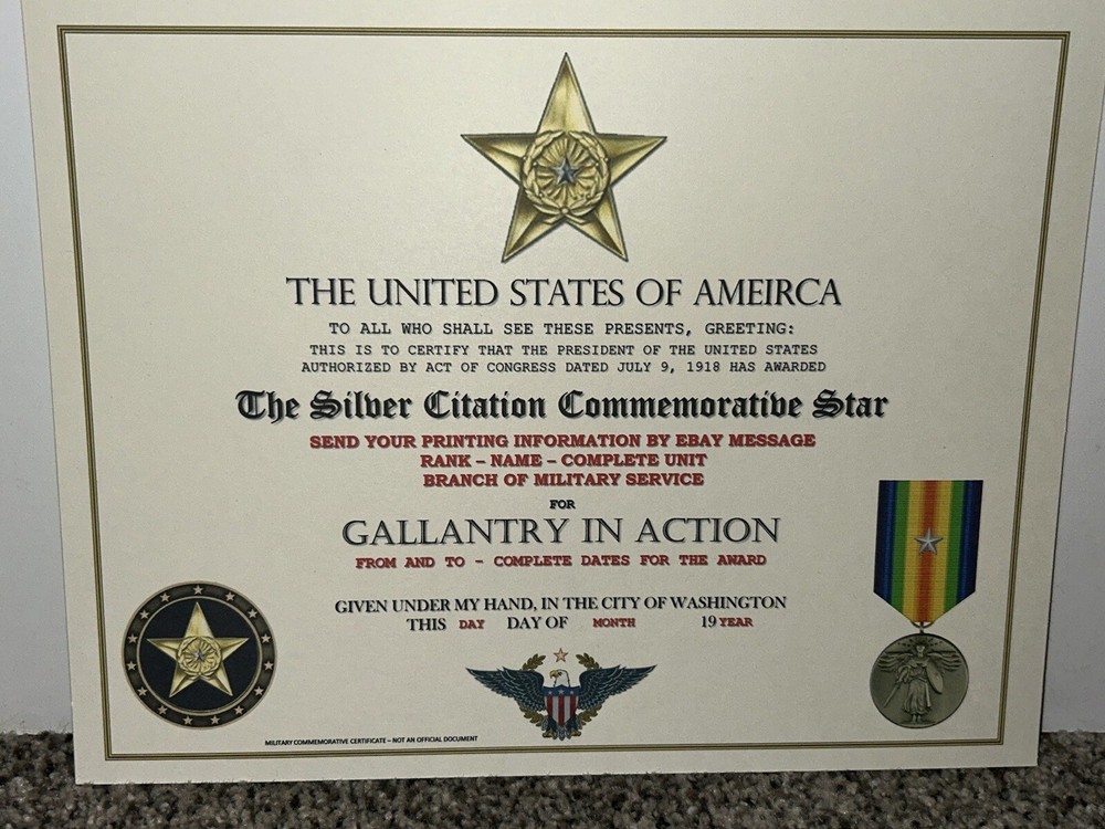 WW1 - SILVER CITATION COMMEMORATIVE CERTIFICATE ~ CUSTOM PRINTING T-1