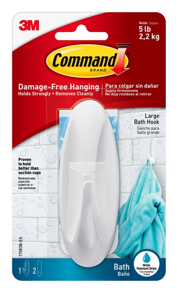 Command Bath Hook with Damage Free Strips for Towel and Accessory Storage