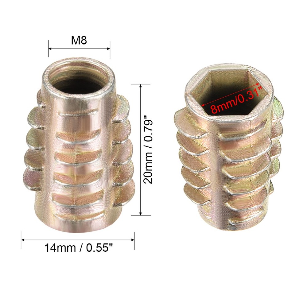 Threaded Insert Nuts Zinc Alloy Hex-Flush M8 Internal Threads 20mm Length 10pcs