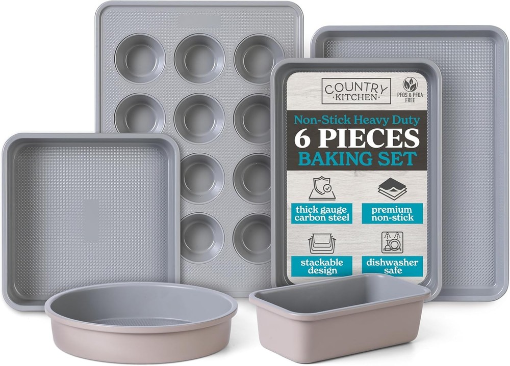 Stackable Bakeware Set - Durable, Easy Release Baking Set, Taupe, 6 Pcs