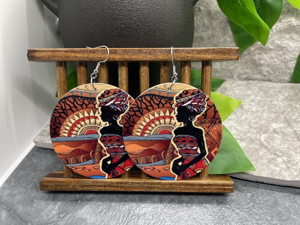 2” Silver-tone Earring Set Boho Retro Round Wood Dangle Juneteenth African A1831