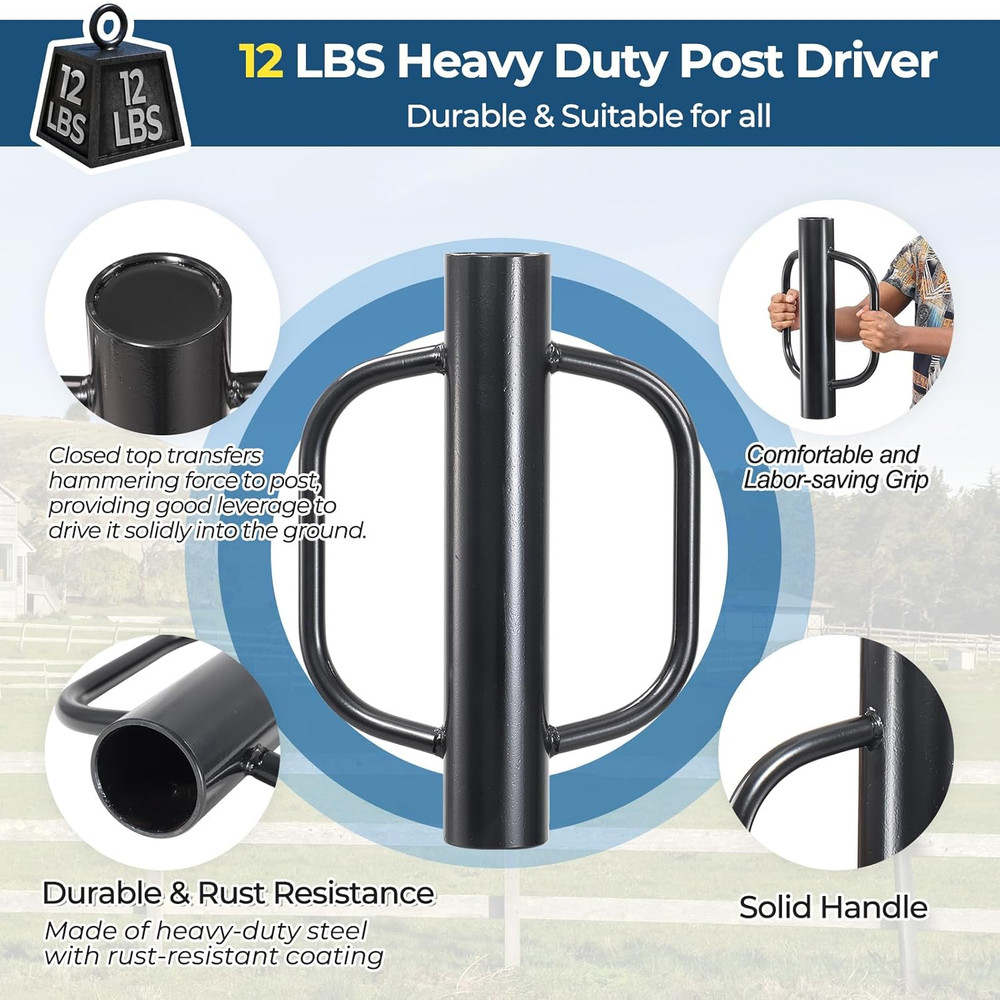 Fence Post Driver, 12LBS Fence Post Driver with Handle, 2.7 Inch Inner Diameter