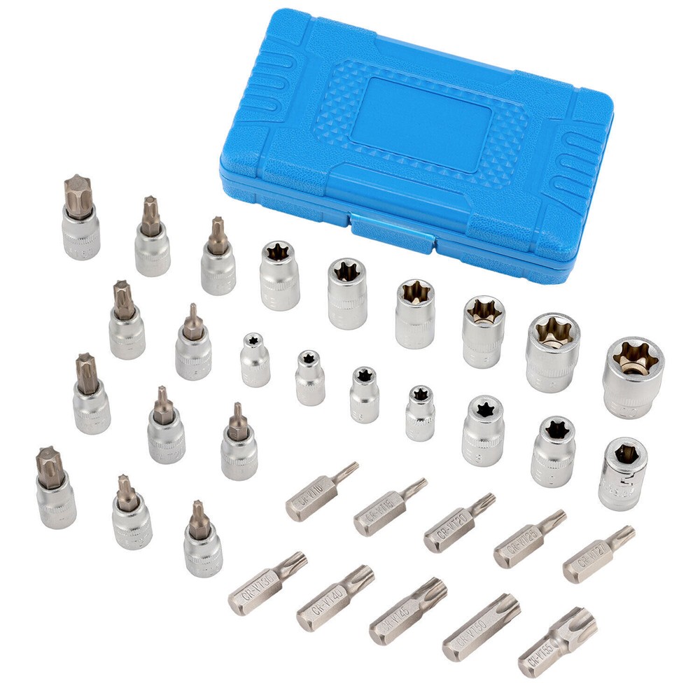 NEW 34pcs Torx Star Sockets & Bit Set Male Female E-torx Security Bits 3/8 Dzloo