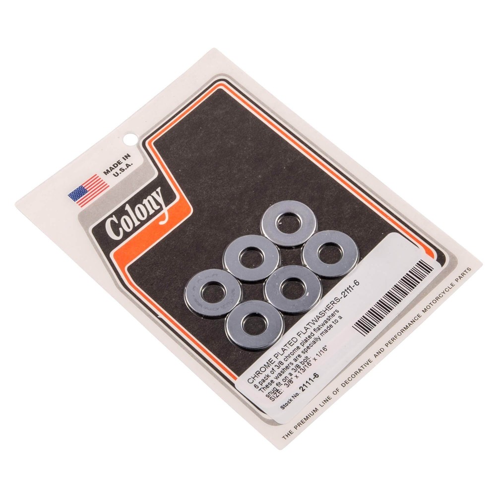 #2111-6 3/8 inch Plated Thin Flat Washers 6 Pack Chrome Colony Machine