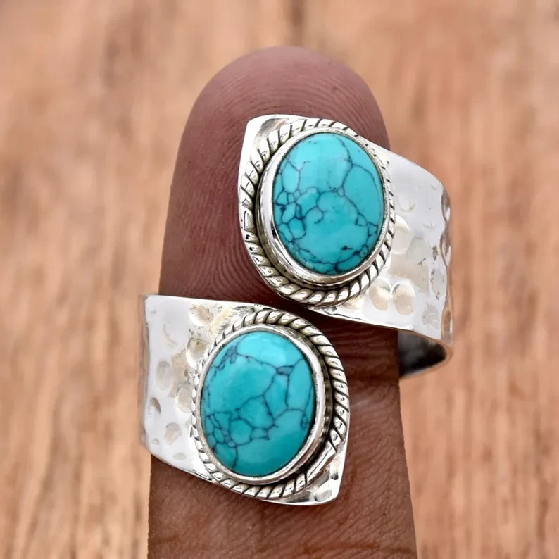 Adjustable Turquoise Ring: Hammered 925 Sterling Silver Statement Ring All Size