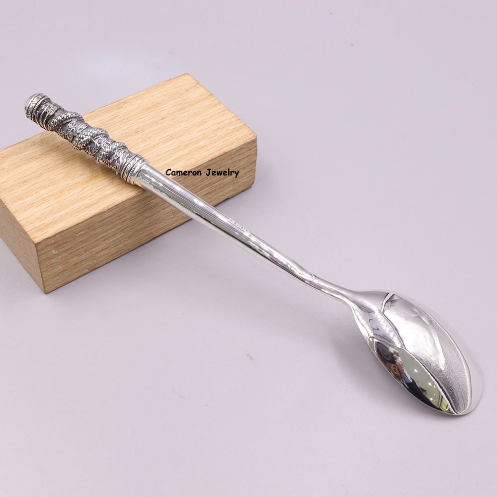 Solid S999 Fine Silver Healthy Tableware Dragon Handle Soup Spoon 35-36g 6.2in