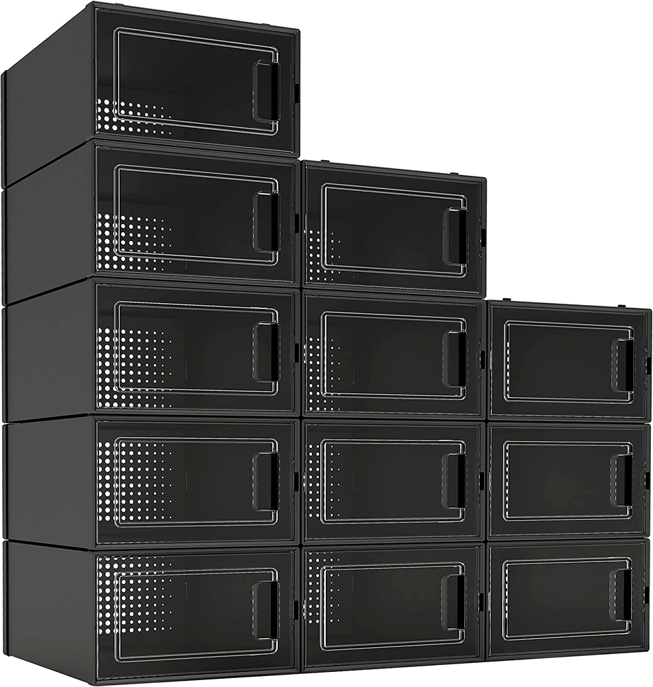 12 Pack Shoe Organizer Boxes, Black Plastic Stackable Shoe Storage Bins