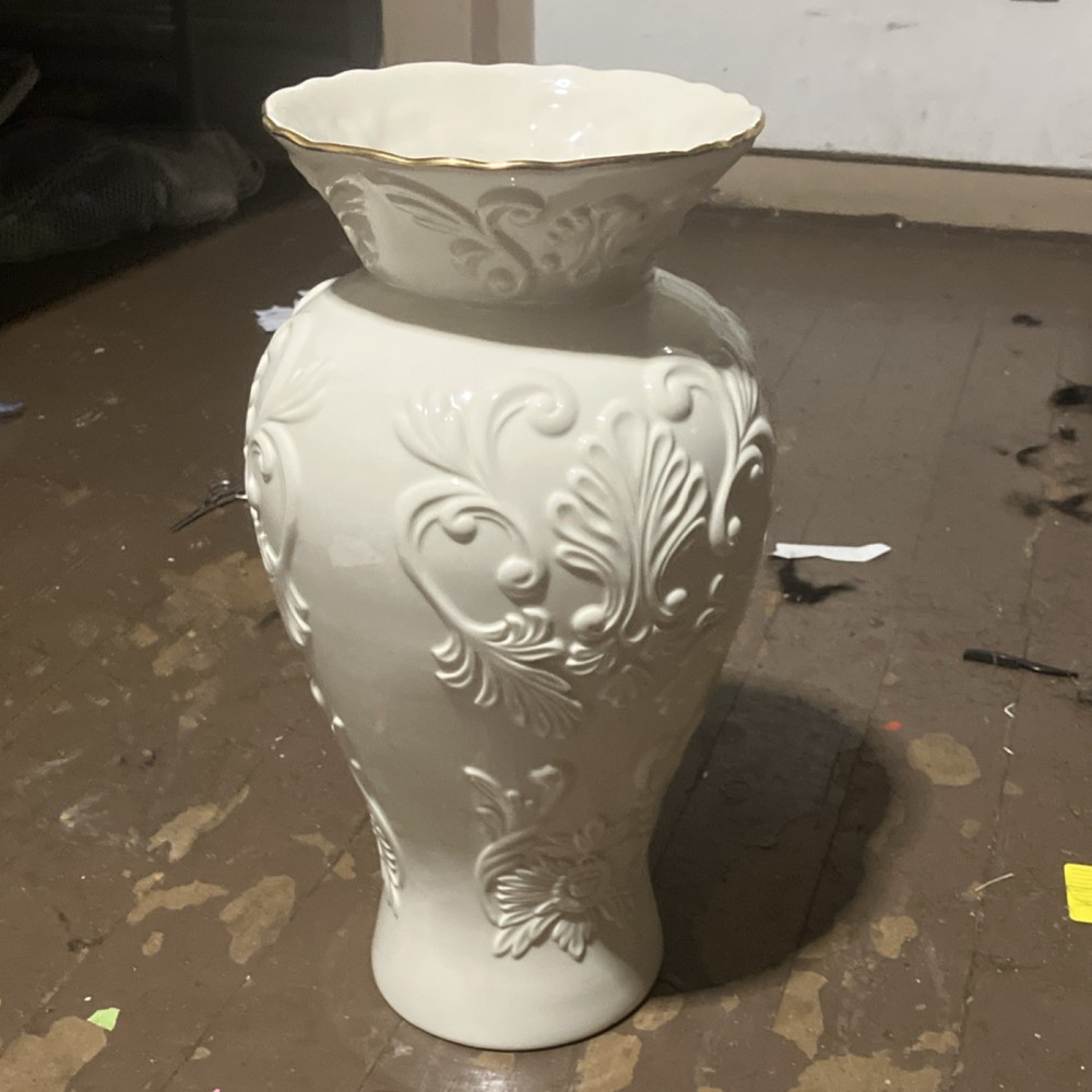 Lenox White Ceramic Decorative Handmade Vase Scroll Pattern Glossy Finish