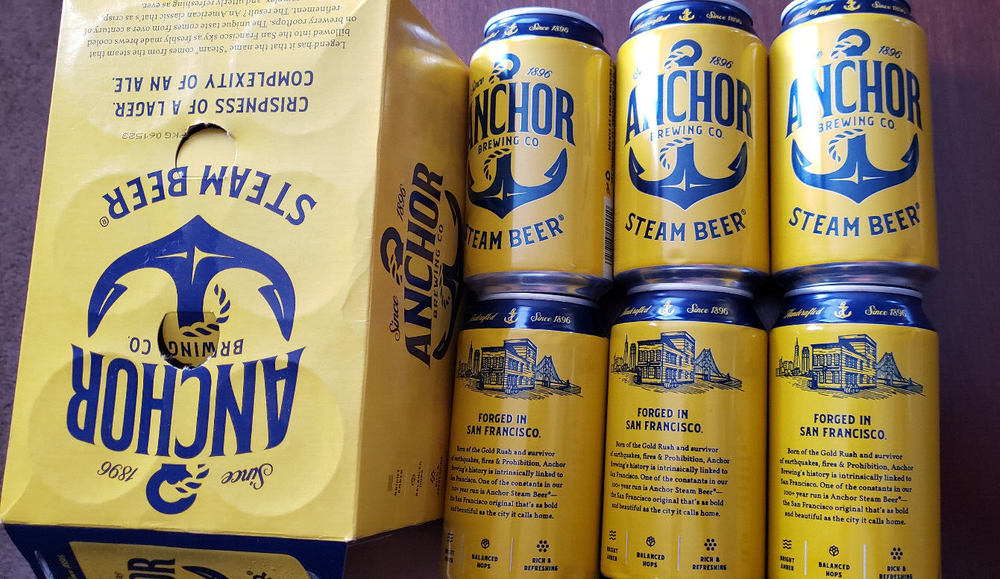 Anchor Steam Beer 6-pack cans EMPTY bottom opened can x 6 open box packaging