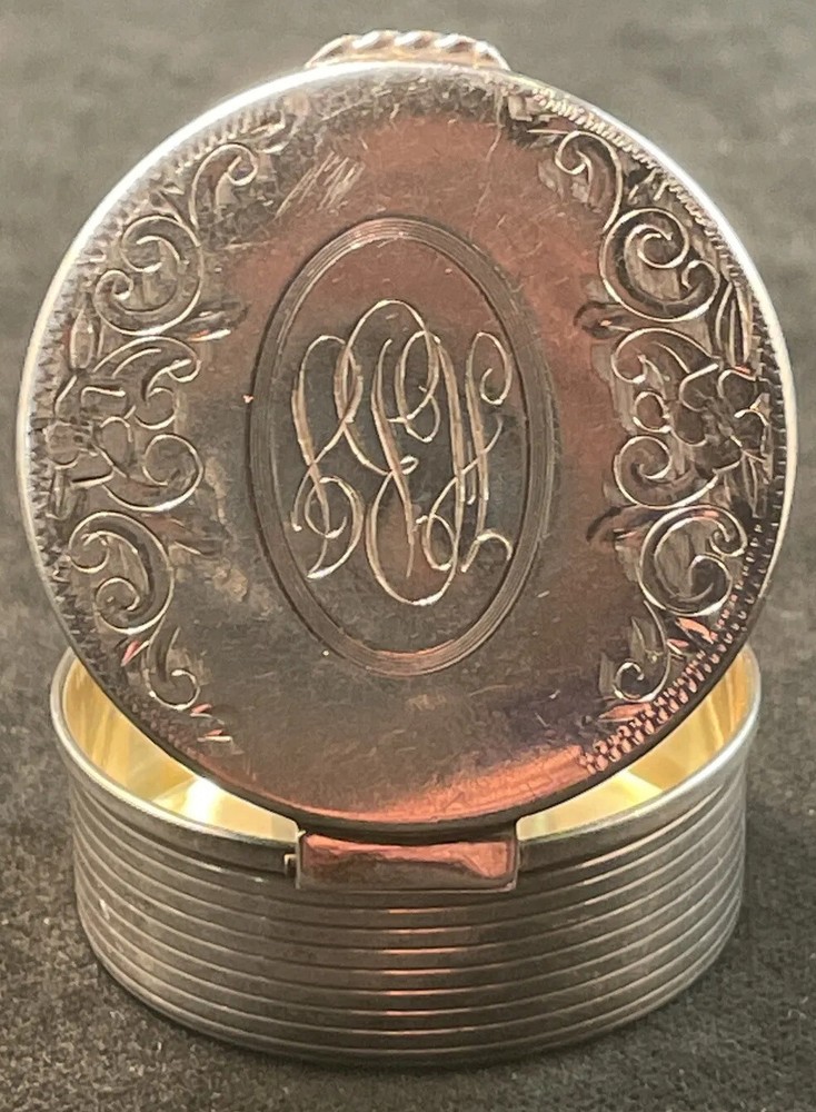 English Sterling Silver Etched Pill Box Birmingham