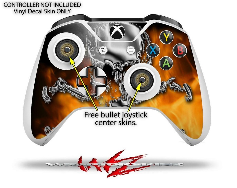 Skin XBOX One S Console Controller Chrome Skull on Fire