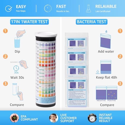 Water Testing Kits for Drinking Water, 100 Strips + 4 Bacteria Tests, 17 in 1