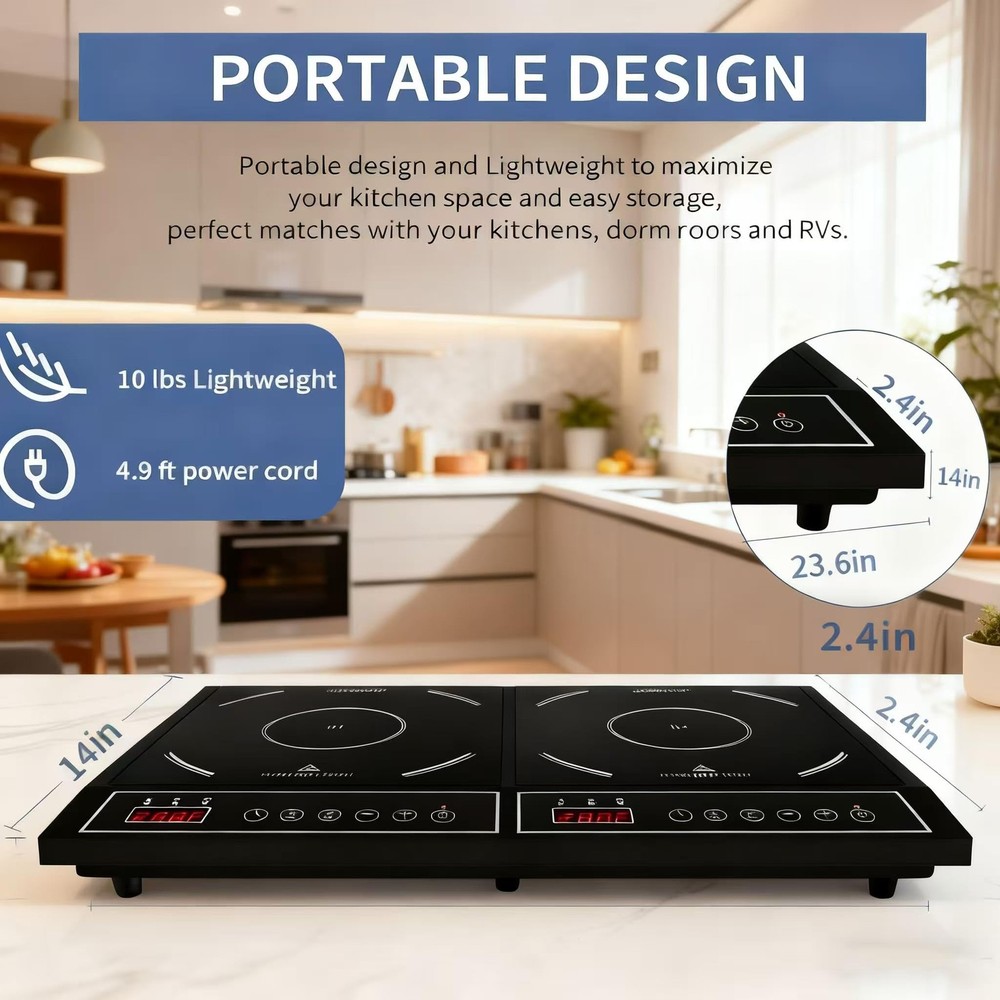 Portable 1800W Double Induction Cooktop Power Sharing Induction Burner Counte...