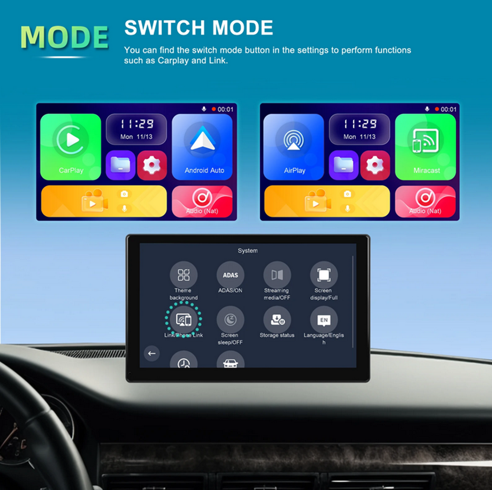 Car Monitor ADAS Front Dash Cam Foldable Wireless For Apple Carplay Android Auto