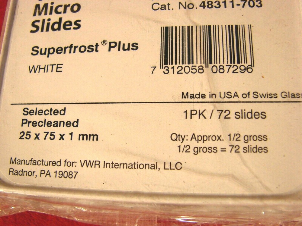 Genuine VWR Superfrost Plus Microscope Slides, Half Gross (77), CAT# 48311-703
