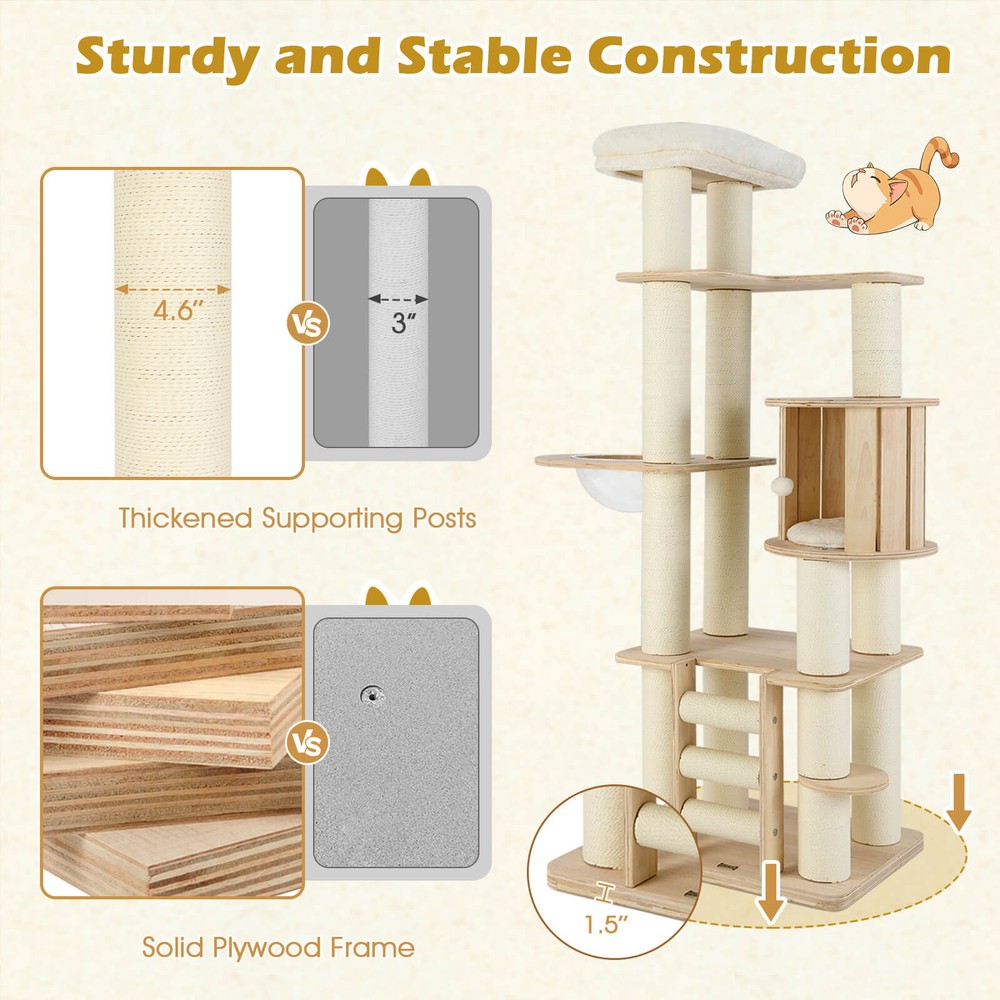 PETSJOY 71" Tall Cat Tree w/Cozy Perch Condo Space Capsule 4.6" Scratching Posts
