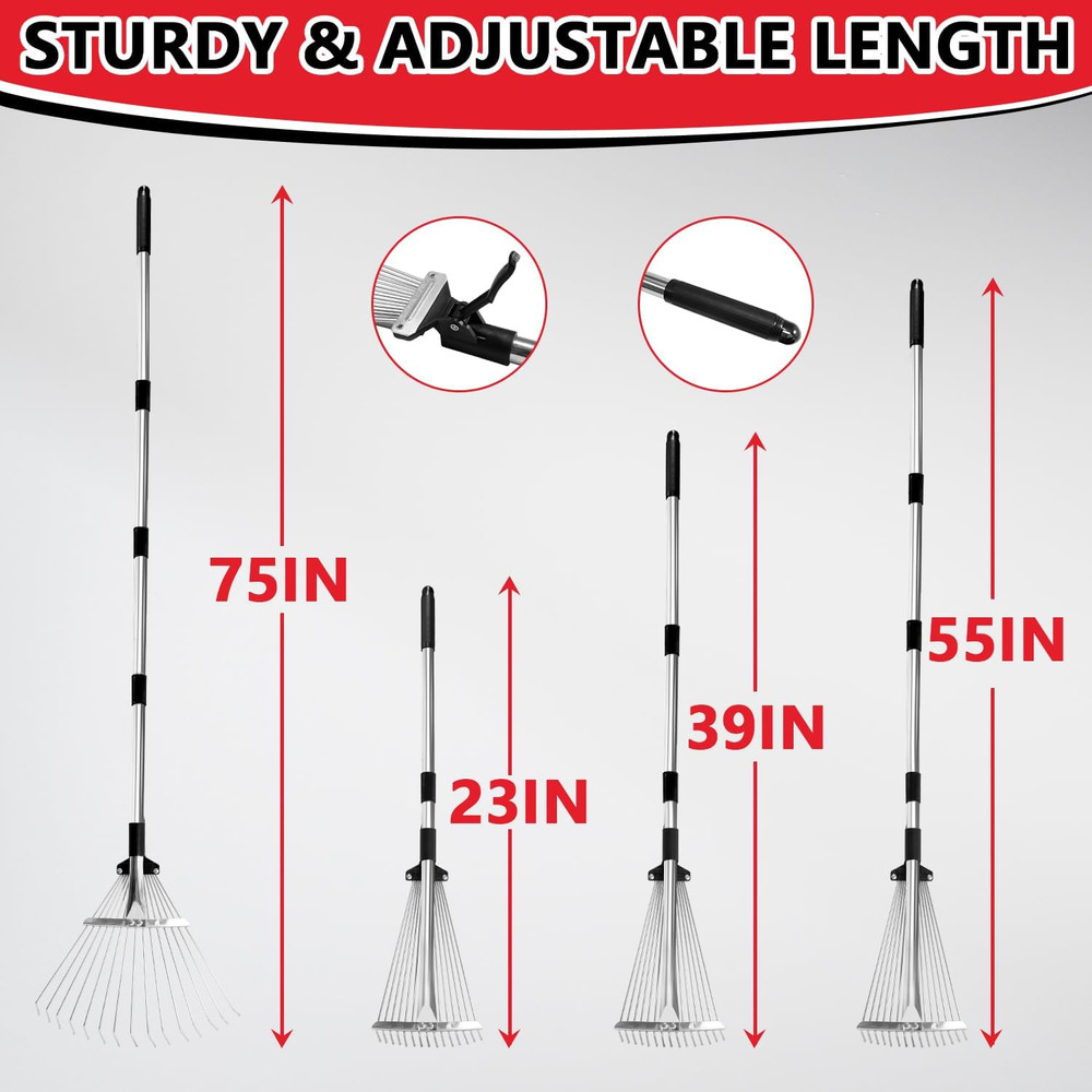 Leaf Rake Adjustable 23" to 75" - Stainless Stelel Rake for Leaves, Garden Tools