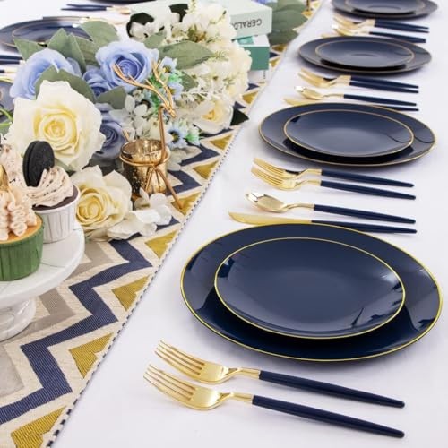 150PCS Plastic Plates - Gold Plastic Silverware with Handle - Round Style Blue