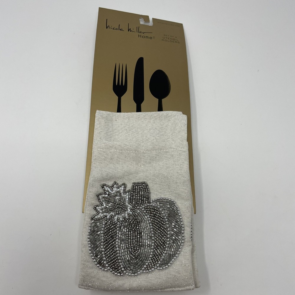 Nicole Miller Fall Thanksgiving Embroide Silver Pumpkin Utensil Holders 4 Count
