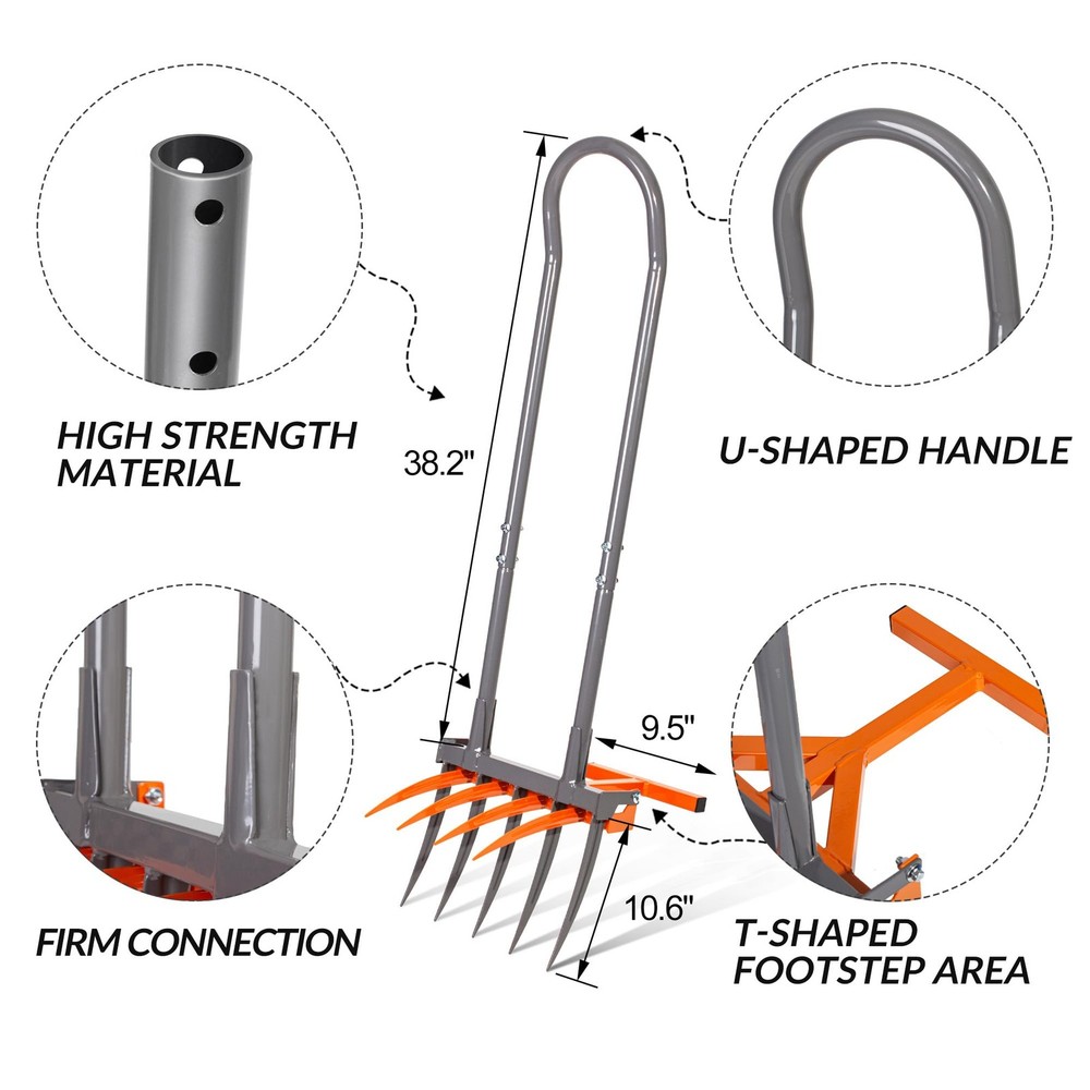 Walensee Broad Fork Garden Tool, 9 Tines Heavy Duty Broadfork Hand Orange