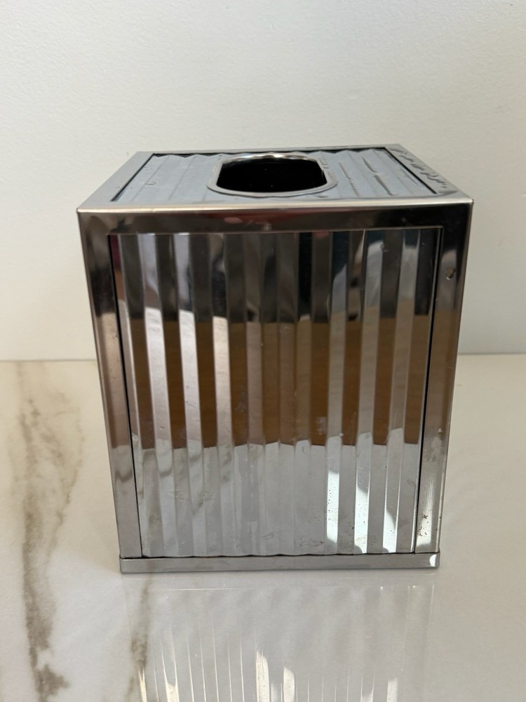 Chrome Tissue Box Vertical Rubbed Design Modern Art Deco Design Silver Read
