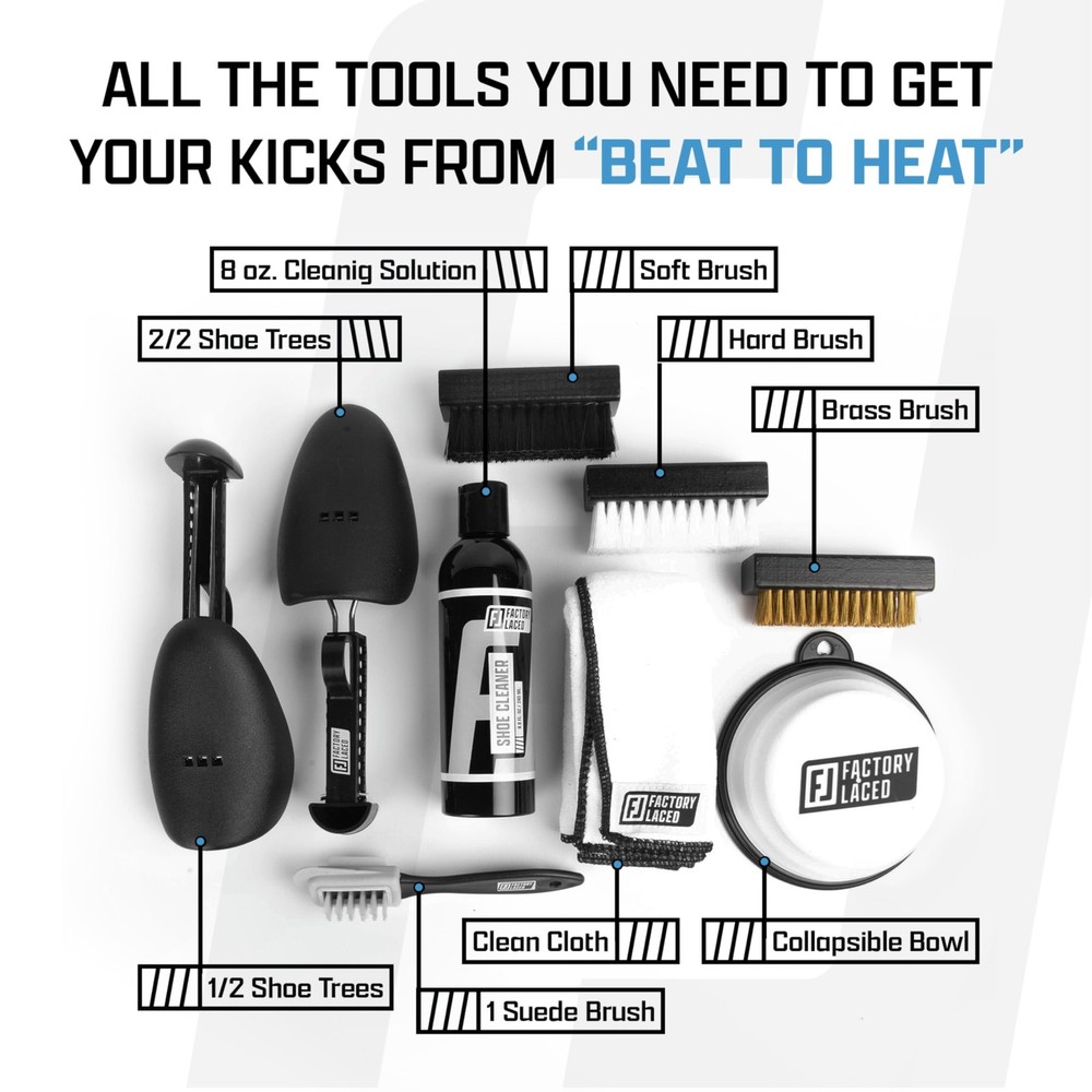 Shoe Cleaning Kit - 8oz Solution, 4 Brushes, Trees & Towel for All Materials
