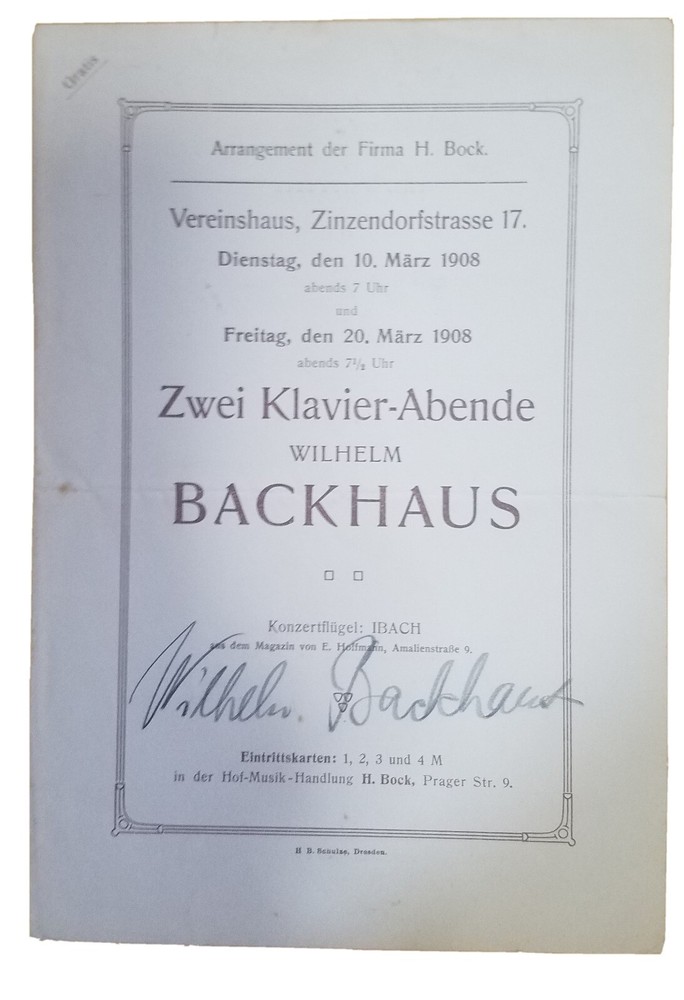 WILHELM BACKHAUS SIGNED MARCH 1908 PROGRAM (IN GERMAN)