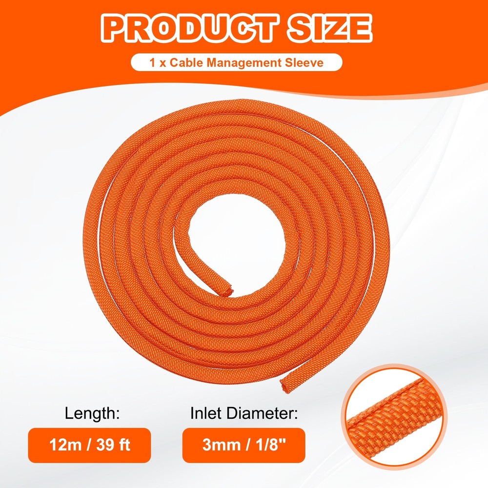 Wire Split Braided Cable Management Sleeve, Orange (1/8" - 39 Feet)