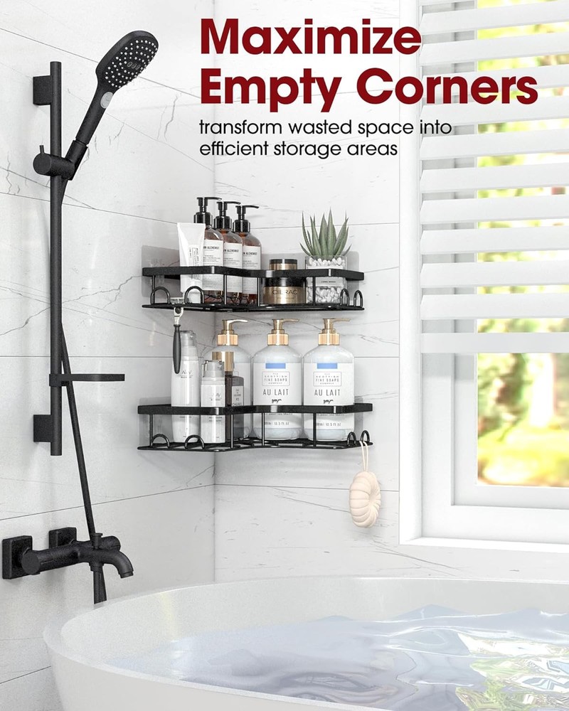 Corner Shower Caddy - 2 Pack, Adhesive Organizers, Medium, Black