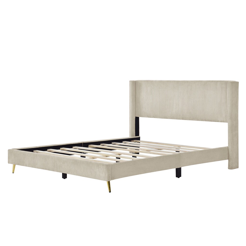 Queen Size Bed Frame Upholstered Platform Bed w/ Upholstered Headboard Beige