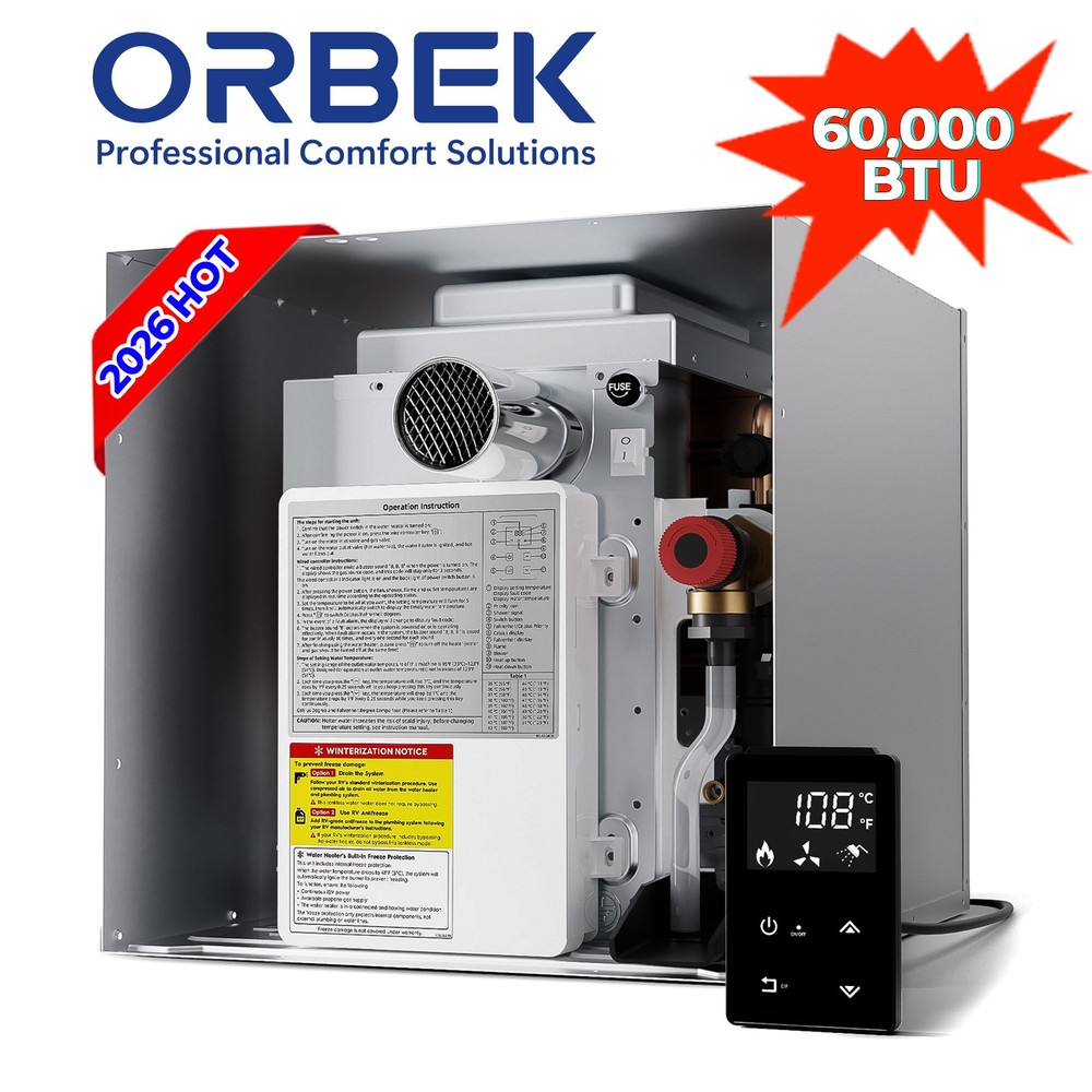 ORBEK RV Tankless Water Heater Propane 60,000 BTU Remote Control without DOOR