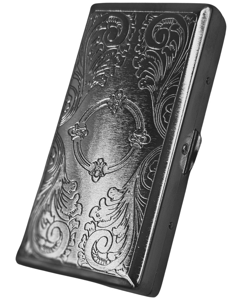 Cigarette Case Double Sided King & 100s Etched Pattern 4x2 inch Black