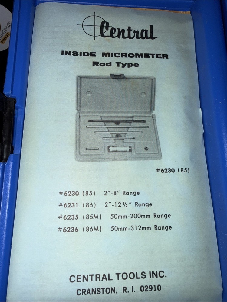 Central Tools Inside Micrometer Rod Type No 85 Complete Set Box, 2”-8” Instr.