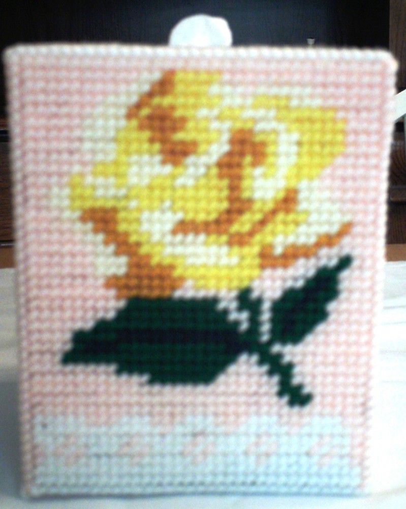 "Yellow Rose" Tissue Box Cover (Plastic & Yarn) Finished