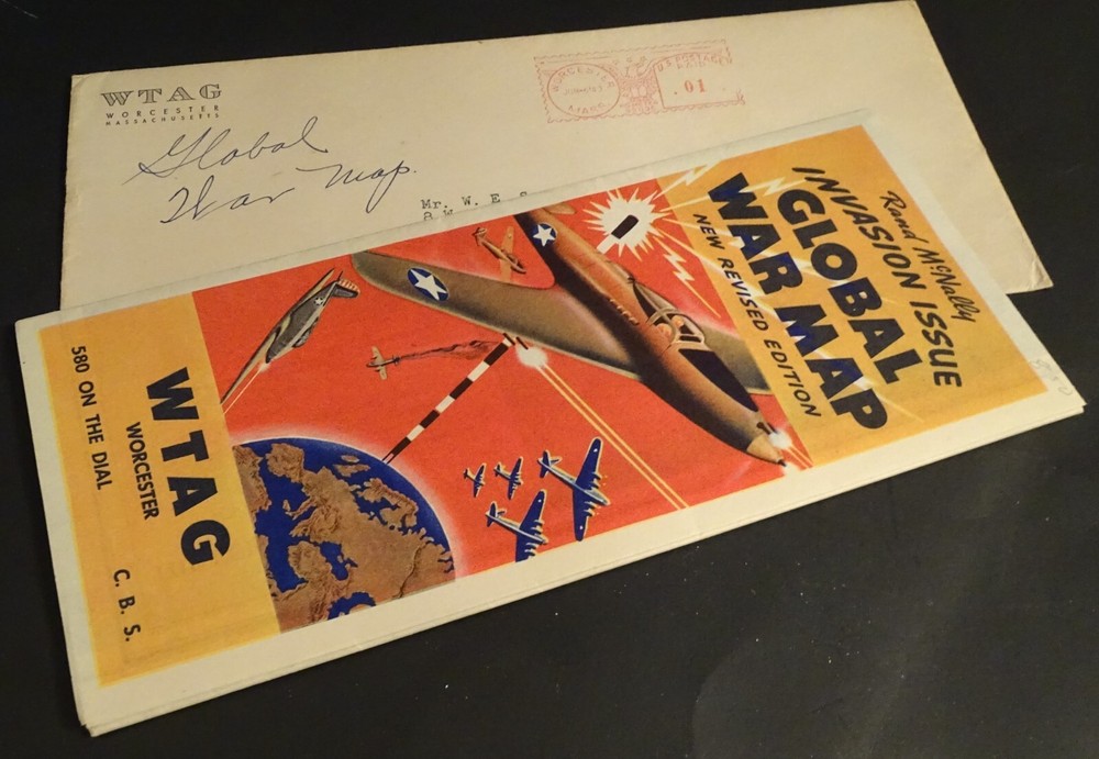 WTAG Worcester Ma. Global War Map in 1943 Mailing Envelope