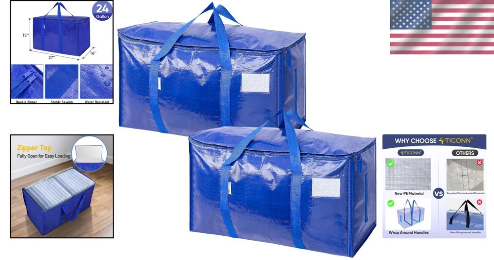 2 Pack Extra Large Heavy-Duty Moving Bags - Zip & Go Storage Solution, Blue