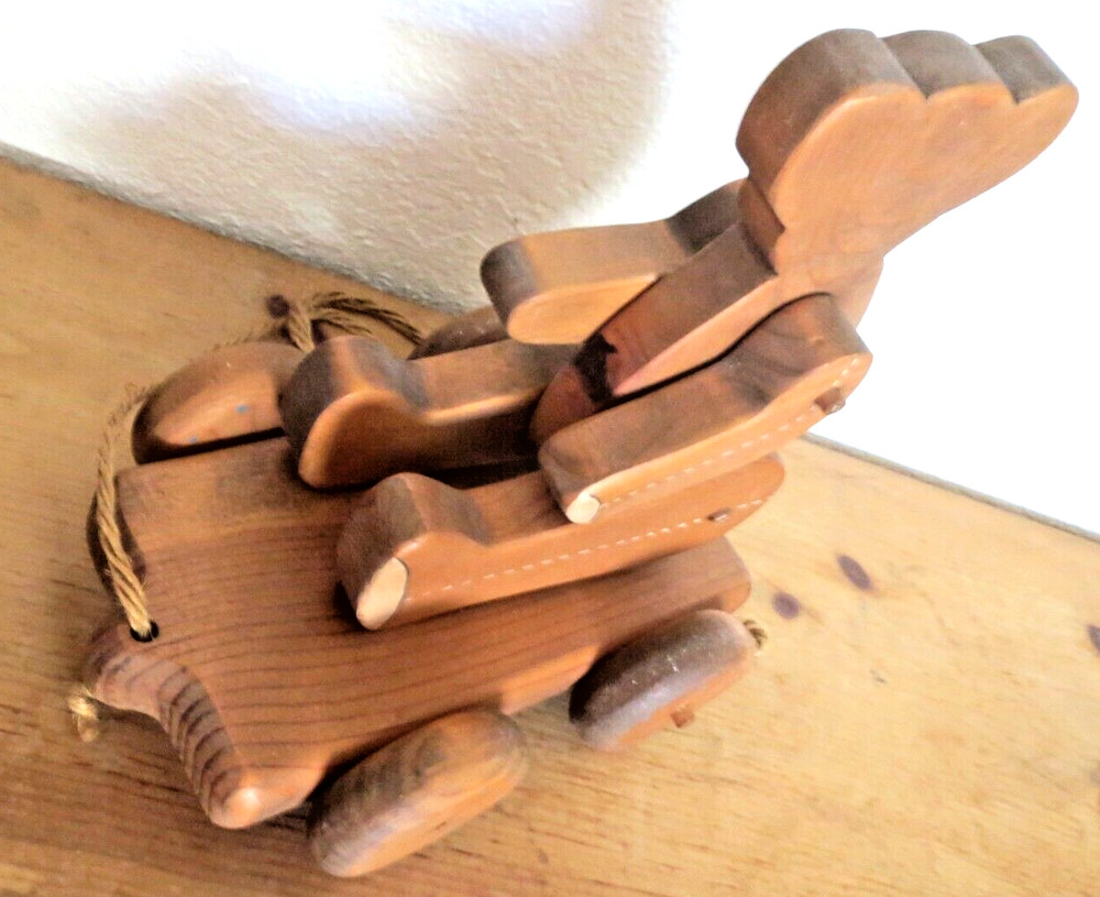 Vintage Jointed Wooden Bear Pull Toy ~ Wheels turn & pull string ~ Base Swivels