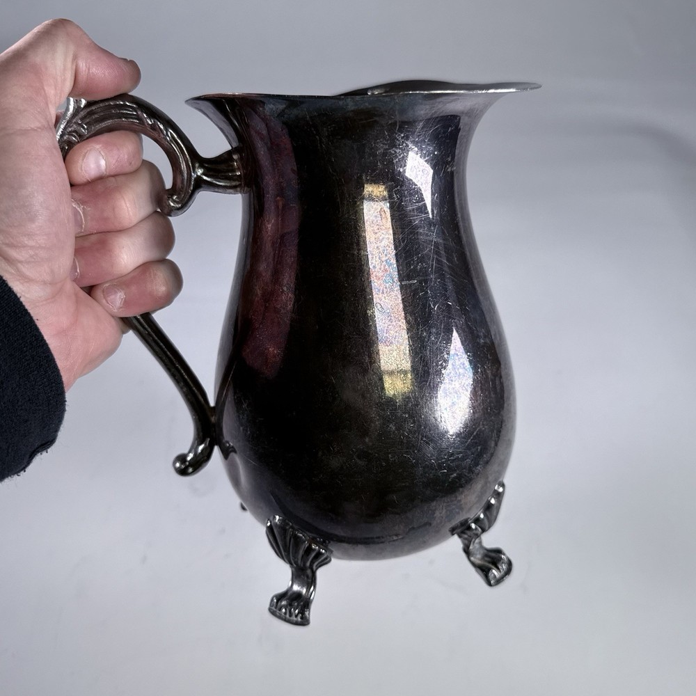Vintage Leonard Silverplate Water Pitcher Paw Feet Scroll Handle
